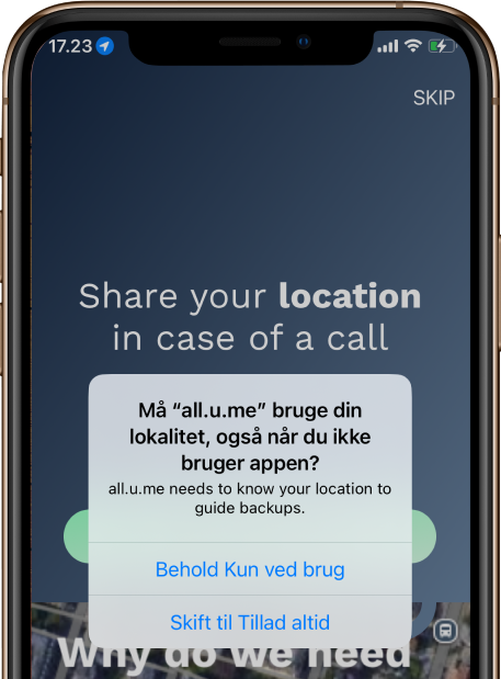 A phone showing the all.u.me app asking for permission to get access to the user's location