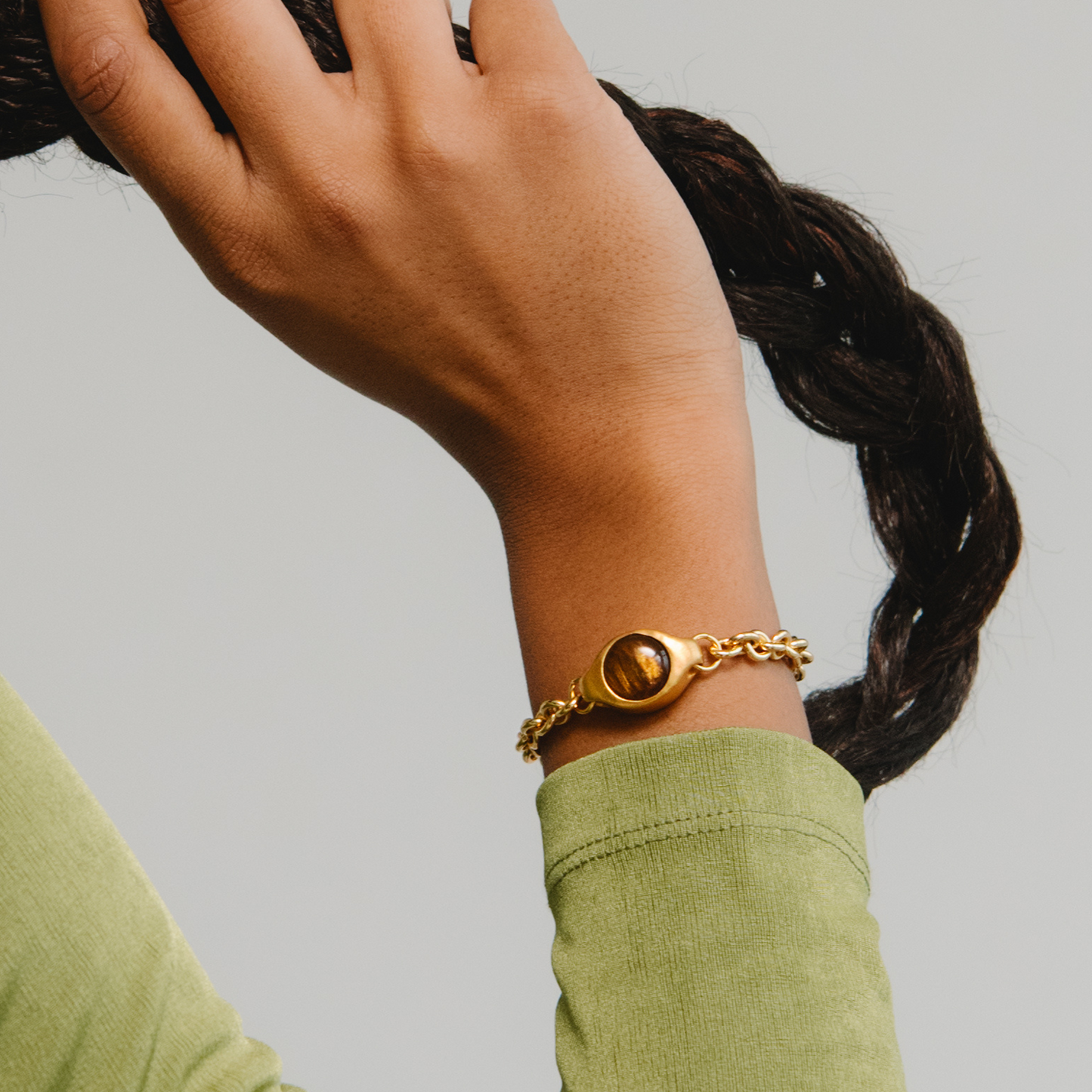 Model wearing Signet Gold Bracelet