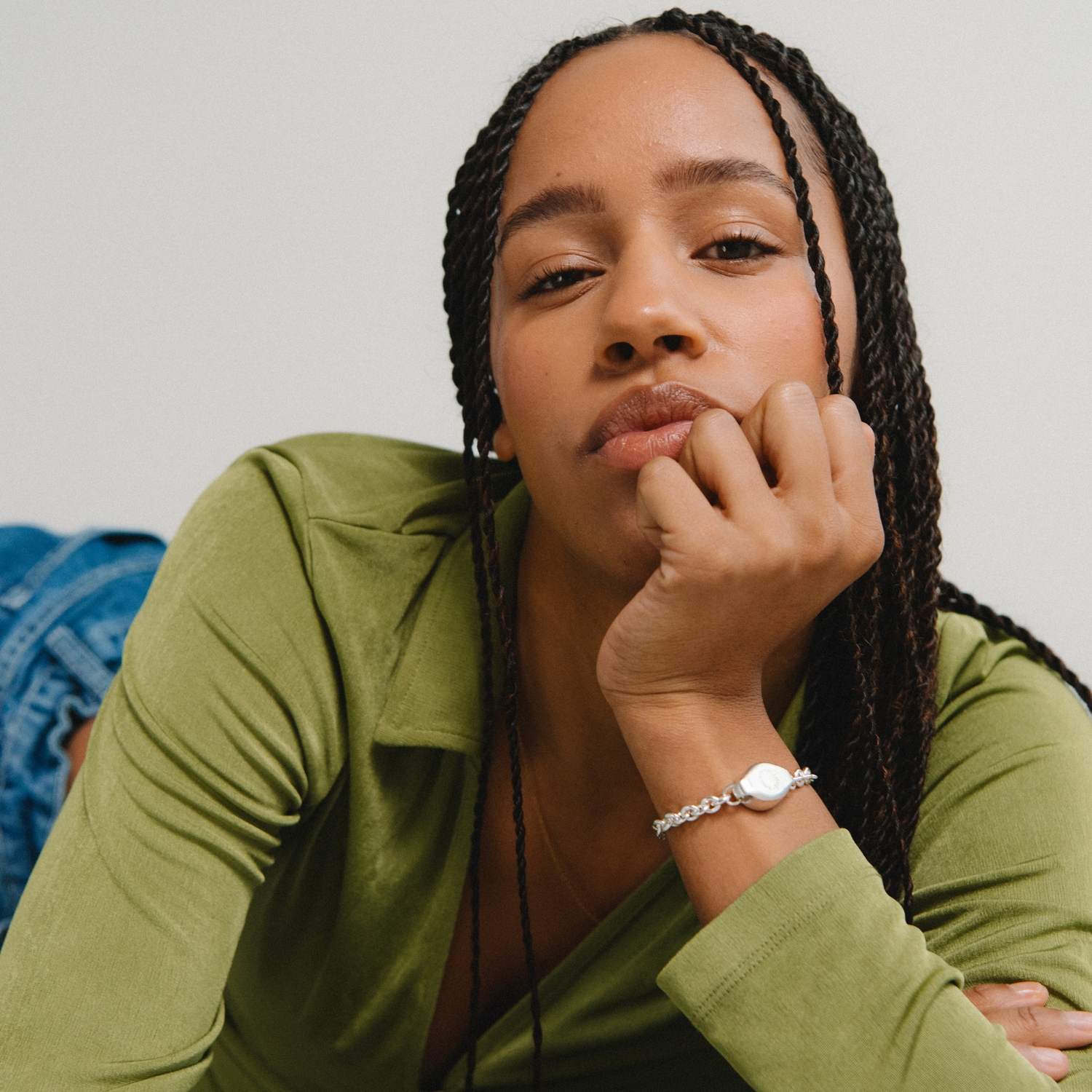 Model wearing Signet Silver Bracelet